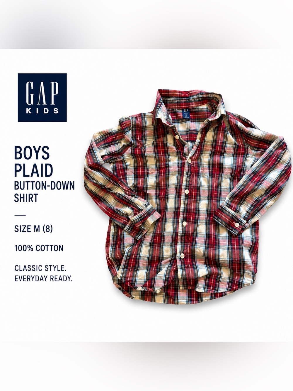 GAP Kids Boys Size 8 Plaid Long Sleeve Button-Down Shirt 100% Cotton